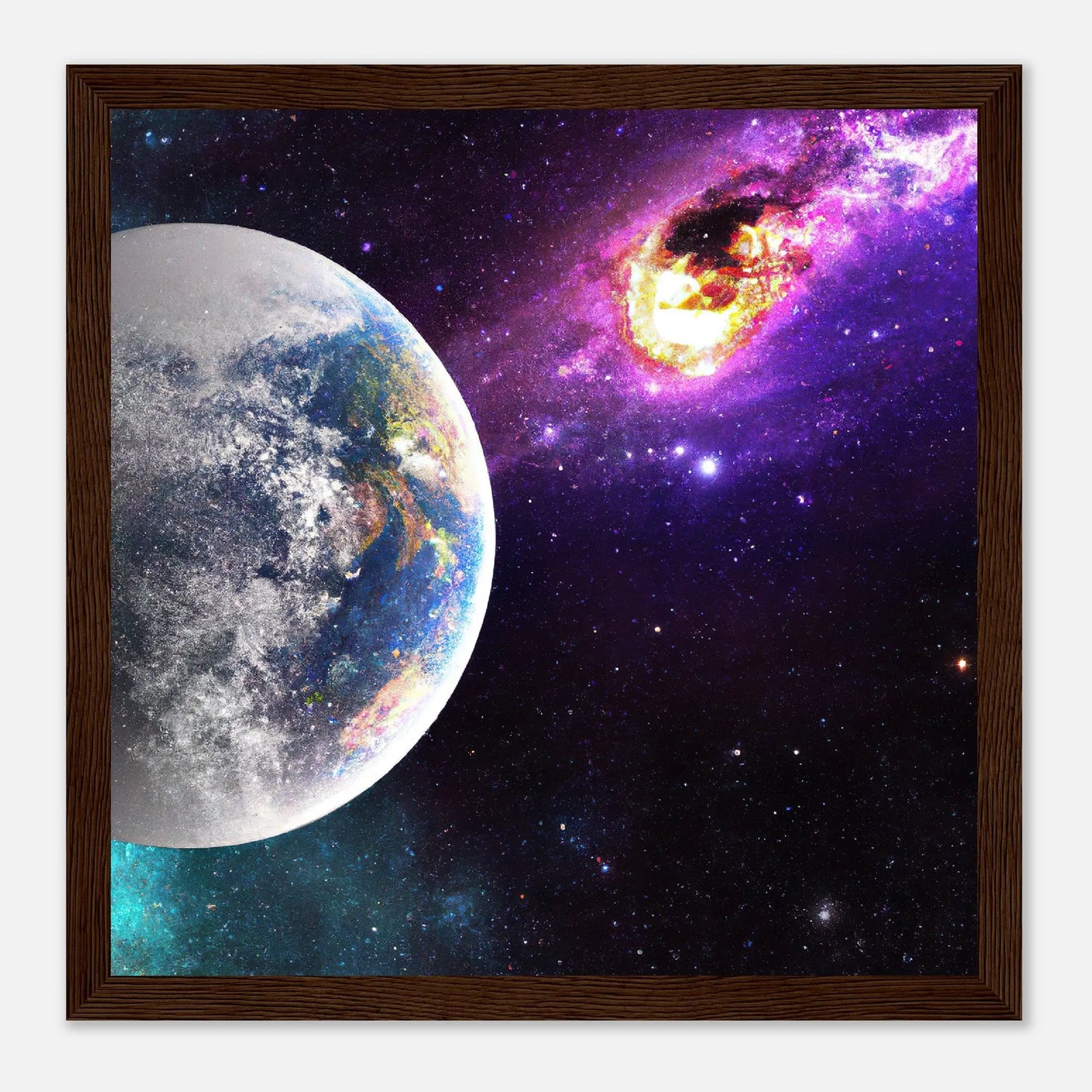 Gerahmtes Premium-Poster - Planet und Komet - Digitaler Stil, KI-Kunst - RolConArt, Sci-Fi, 30x30-cm-12x12-Dunkles-Holz