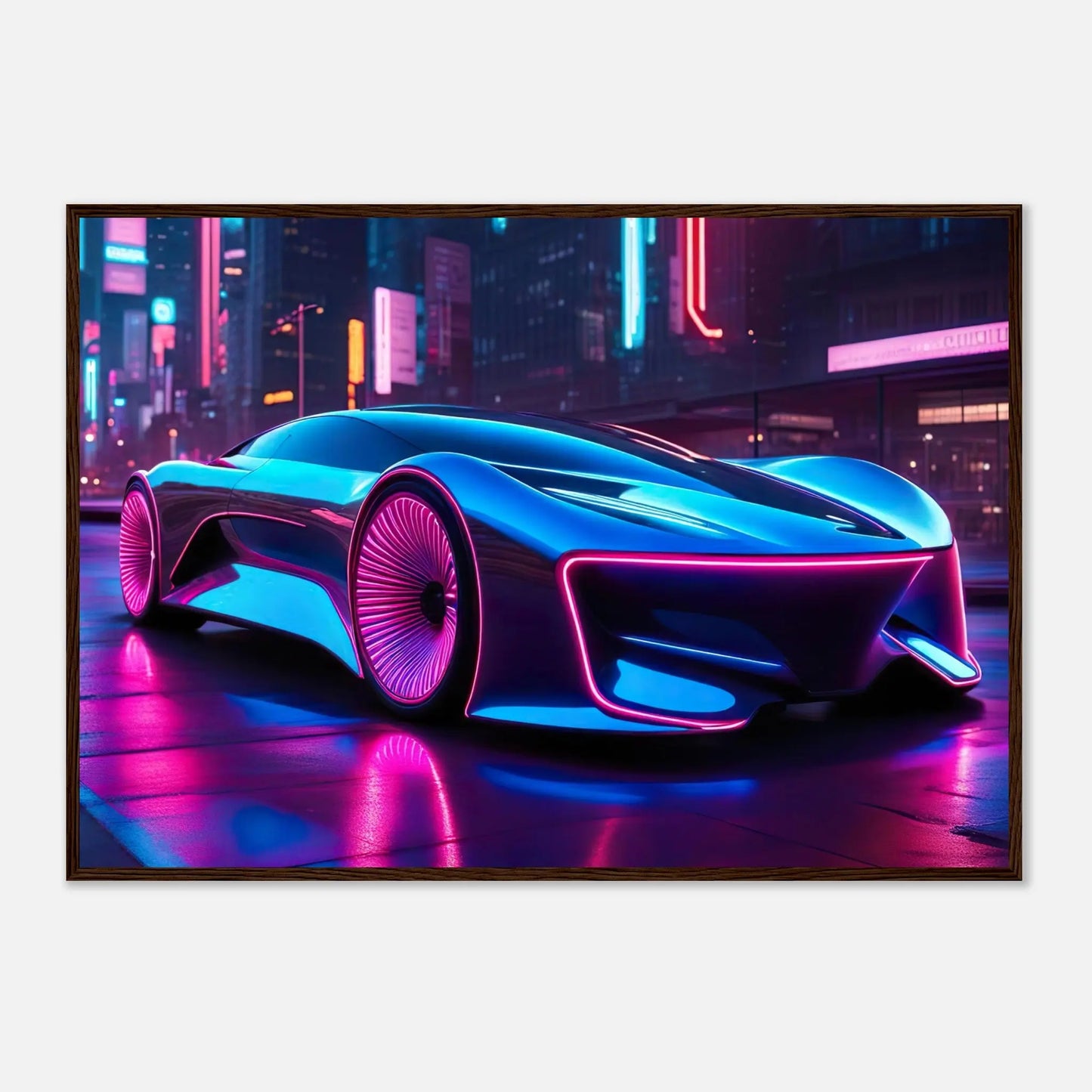 Gerahmtes Premium-Poster -Futuristisches Fahrzeug- Neon Stil, KI-Kunst - RolConArt, Neon, 70x100-cm-28x40-Dunkler-Holzrahmen