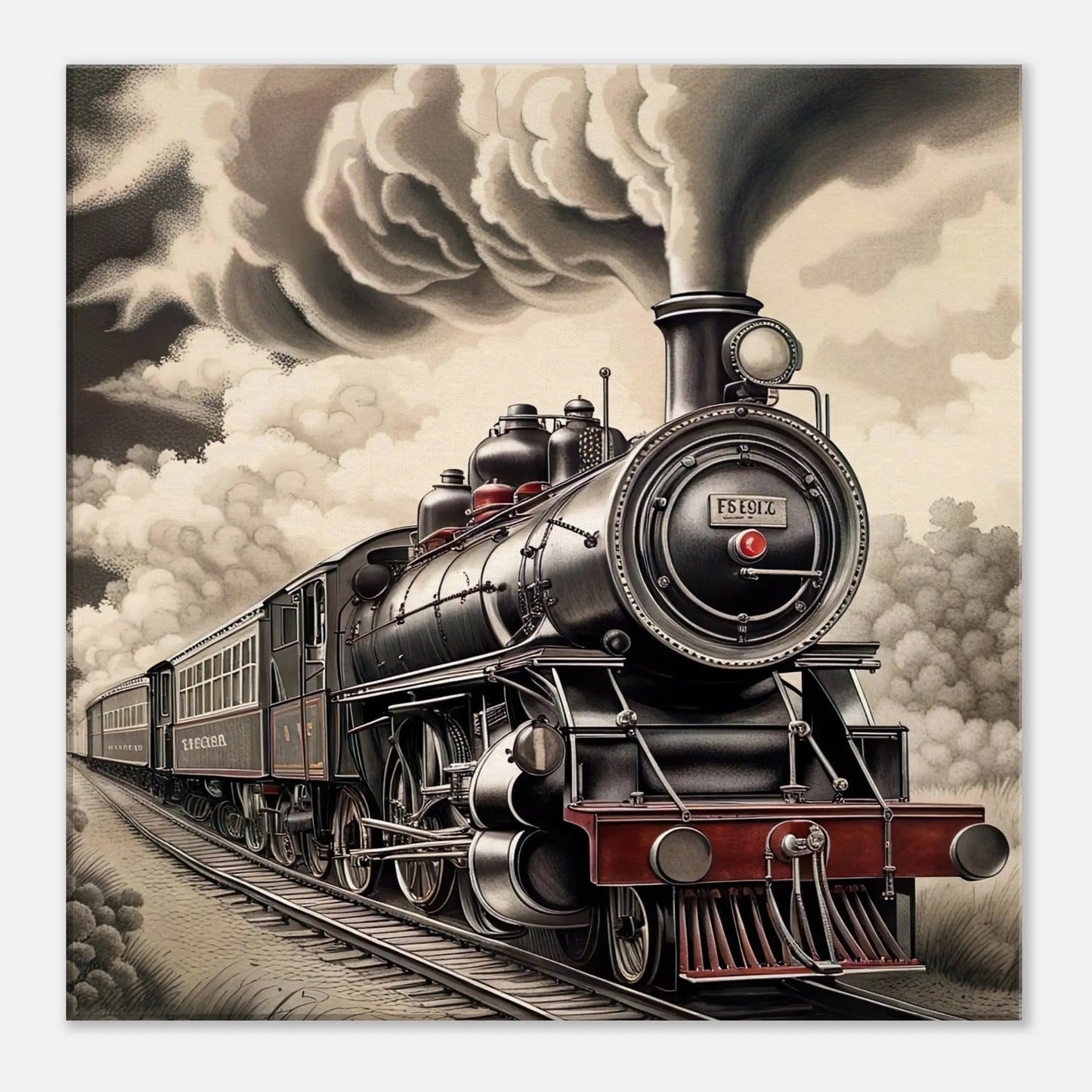 Leinwandbild - Dampflokomotive - Schwarz-Weiß Stil, KI-Kunst - RolConArt, Schwarz-Weiß mit Akzentfarben, 50x50-cm-20x20