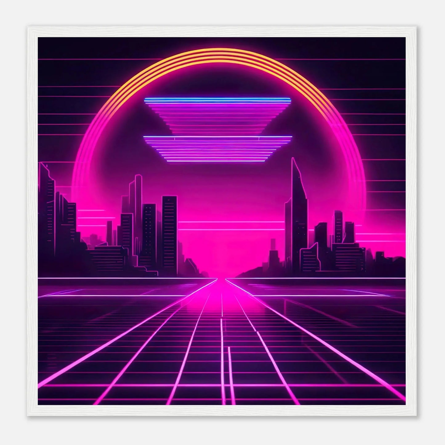 Gerahmtes Premium-Poster - Stadtlandschaft - Neon Stil, KI-Kunst - RolConArt, Neon, 50x50-cm-20x20-Weißer-Rahmen