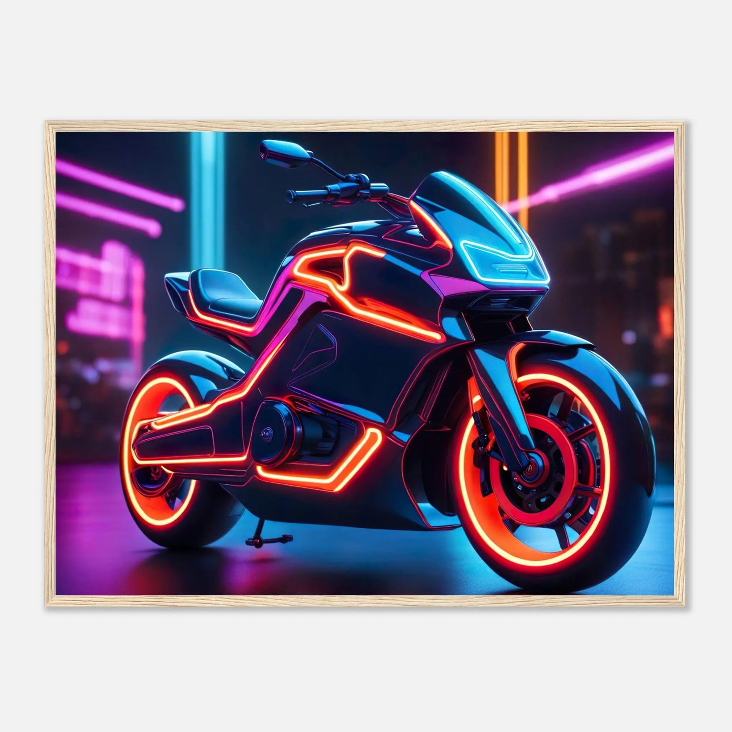 Gerahmtes Premium-Poster -Futuristisches Motorrad- Neon Stil, KI-Kunst - RolConArt, Neon, 60x80-cm-24x32-Holzrahmen