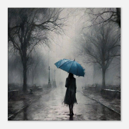 Leinwandbild -Frau mit einem blauen Regenschirm- Schwarz-Weiß, KI-Kunst - RolConArt, Schwarz-Weiß mit Akzentfarben, 60x60-cm-24x24