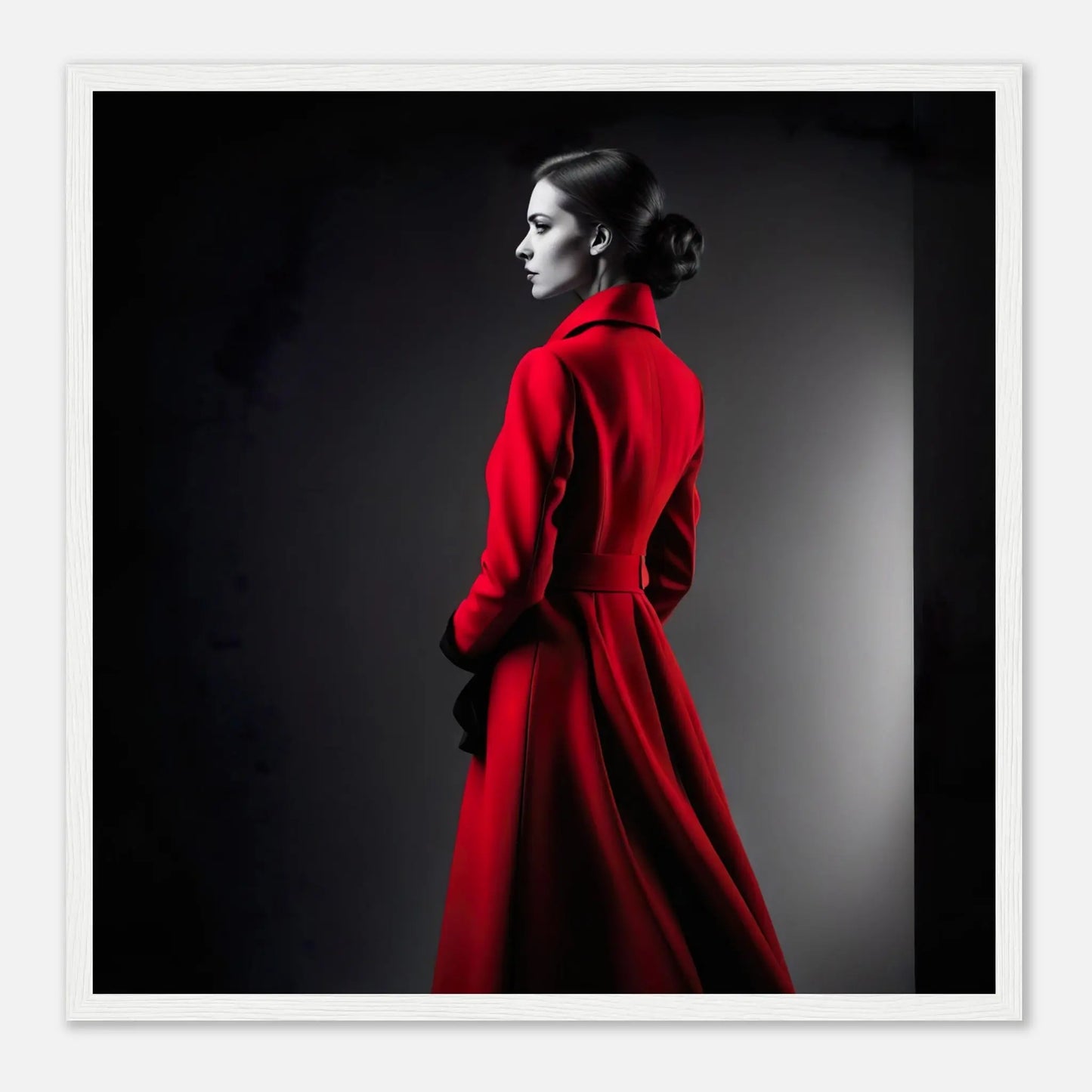 Gerahmtes Premium-Poster - Frau im roten Mantel - Schwarz-Weiß, KI-Kunst - RolConArt, Schwarz-Weiß mit Akzentfarben, 50x50-cm-20x20-Weißer-Rahmen