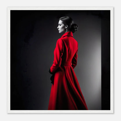 Gerahmtes Premium-Poster - Frau im roten Mantel - Schwarz-Weiß, KI-Kunst - RolConArt, Schwarz-Weiß mit Akzentfarben, 50x50-cm-20x20-Weißer-Rahmen