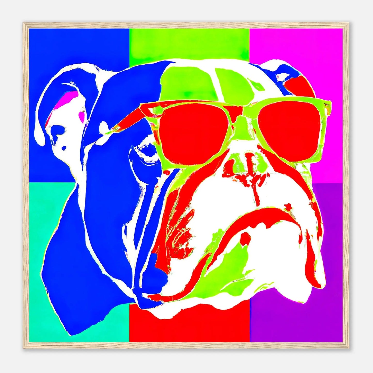 Gerahmtes Premium-Poster - Englische Bulldogge - Pop Art Stil, KI-Kunst - RolConArt, Pop Art - Tiere, 70x70-cm-28x28-Holz