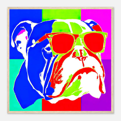 Gerahmtes Premium-Poster - Englische Bulldogge - Pop Art Stil, KI-Kunst - RolConArt, Pop Art - Tiere, 70x70-cm-28x28-Holz