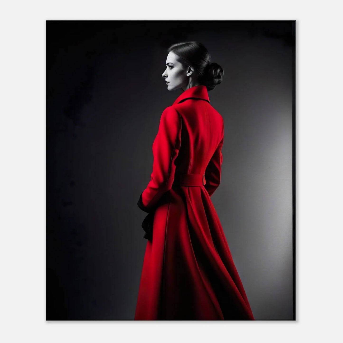 Leinwandbild - Frau im roten Mantel - Schwarz-Weiß Stil, KI-Kunst - RolConArt, Schwarz-Weiß mit Akzentfarben, 50x60-cm-20x24