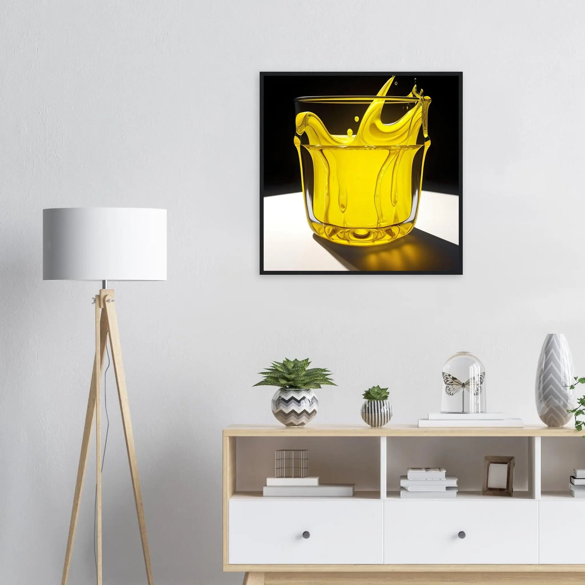 Gerahmtes Premium-Poster - Glas mit gelbem Trank - Foto Stil, KI-Kunst - RolConArt, Kreative Vielfalt, 