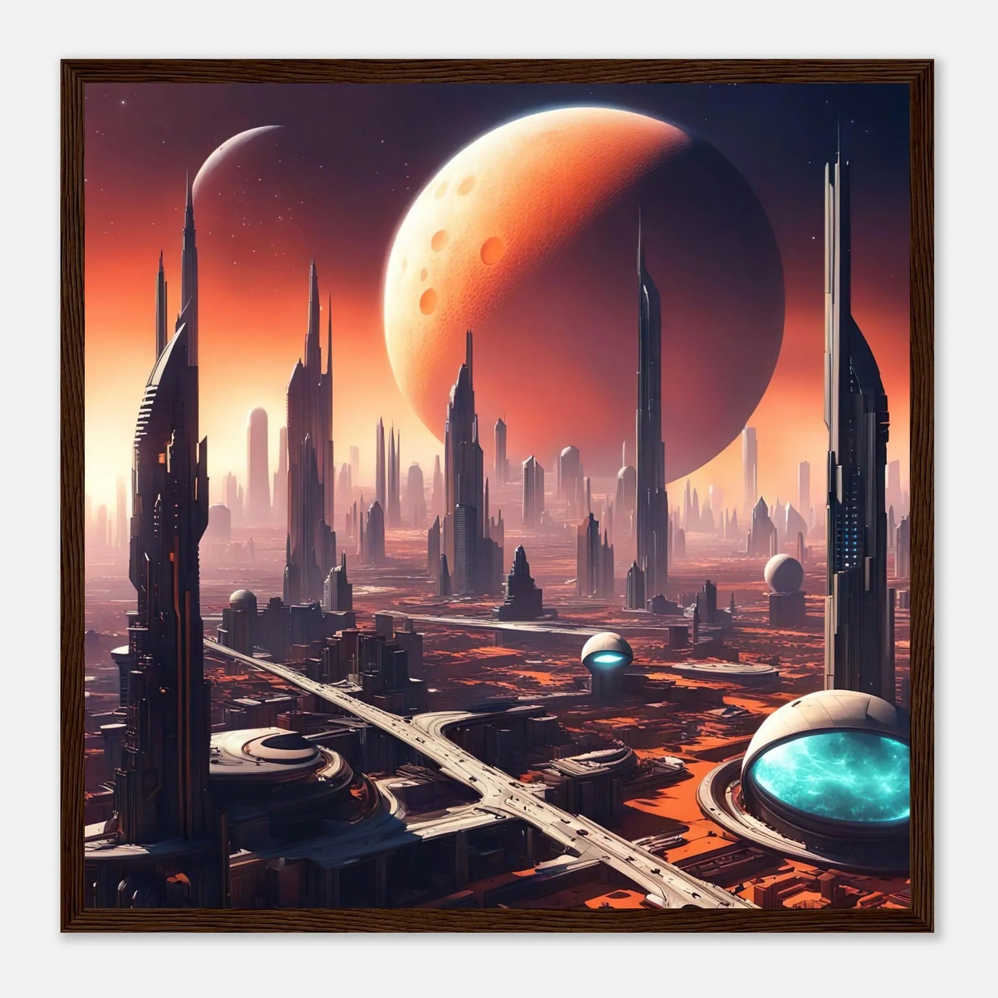 Gerahmtes Premium-Poster -Futuristische Welt- Digitaler Stil, KI-Kunst - RolConArt, Sci-Fi, 50x50-cm-20x20-Dunkler-Holzrahmen