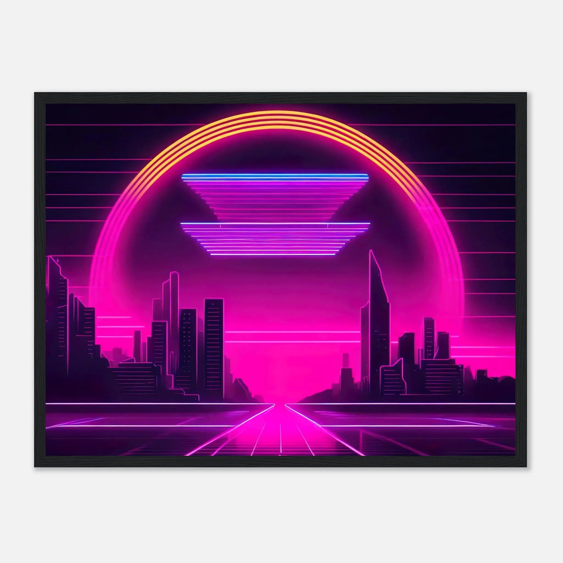 Gerahmtes Premium-Poster - Stadtlandschaft - Neon Stil, KI-Kunst - RolConArt, Neon, 45x60-cm-18x24-Schwarzer-Rahmen