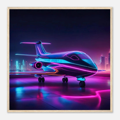 Gerahmtes Premium-Poster -Futuristisches Flugzeug- Neon Stil, KI-Kunst - RolConArt, Neon, 70x70-cm-28x28-Holzrahmen