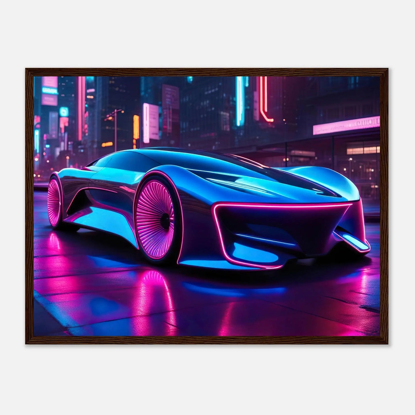 Gerahmtes Premium-Poster -Futuristisches Fahrzeug- Neon Stil, KI-Kunst - RolConArt, Neon, 45x60-cm-18x24-Dunkler-Holzrahmen