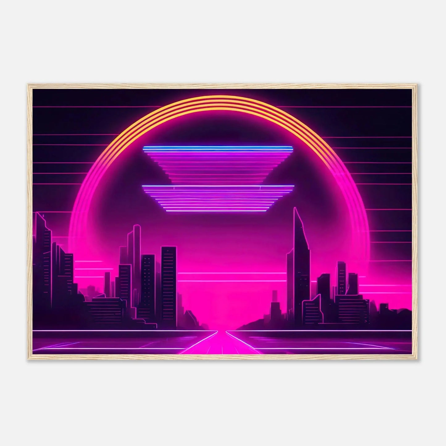 Gerahmtes Premium-Poster - Stadtlandschaft - Neon Stil, KI-Kunst - RolConArt, Neon, 70x100-cm-28x40-Holzrahmen