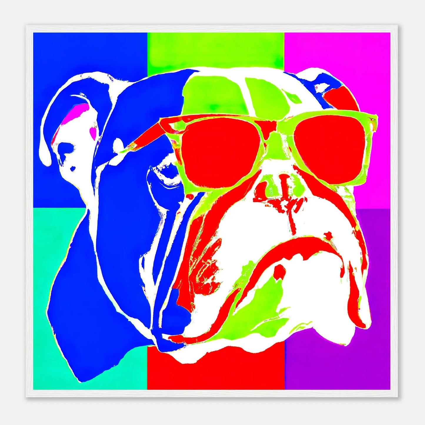 Gerahmtes Premium-Poster - Englische Bulldogge - Pop Art Stil, KI-Kunst - RolConArt, Pop Art - Tiere, 70x70-cm-28x28-Weiß