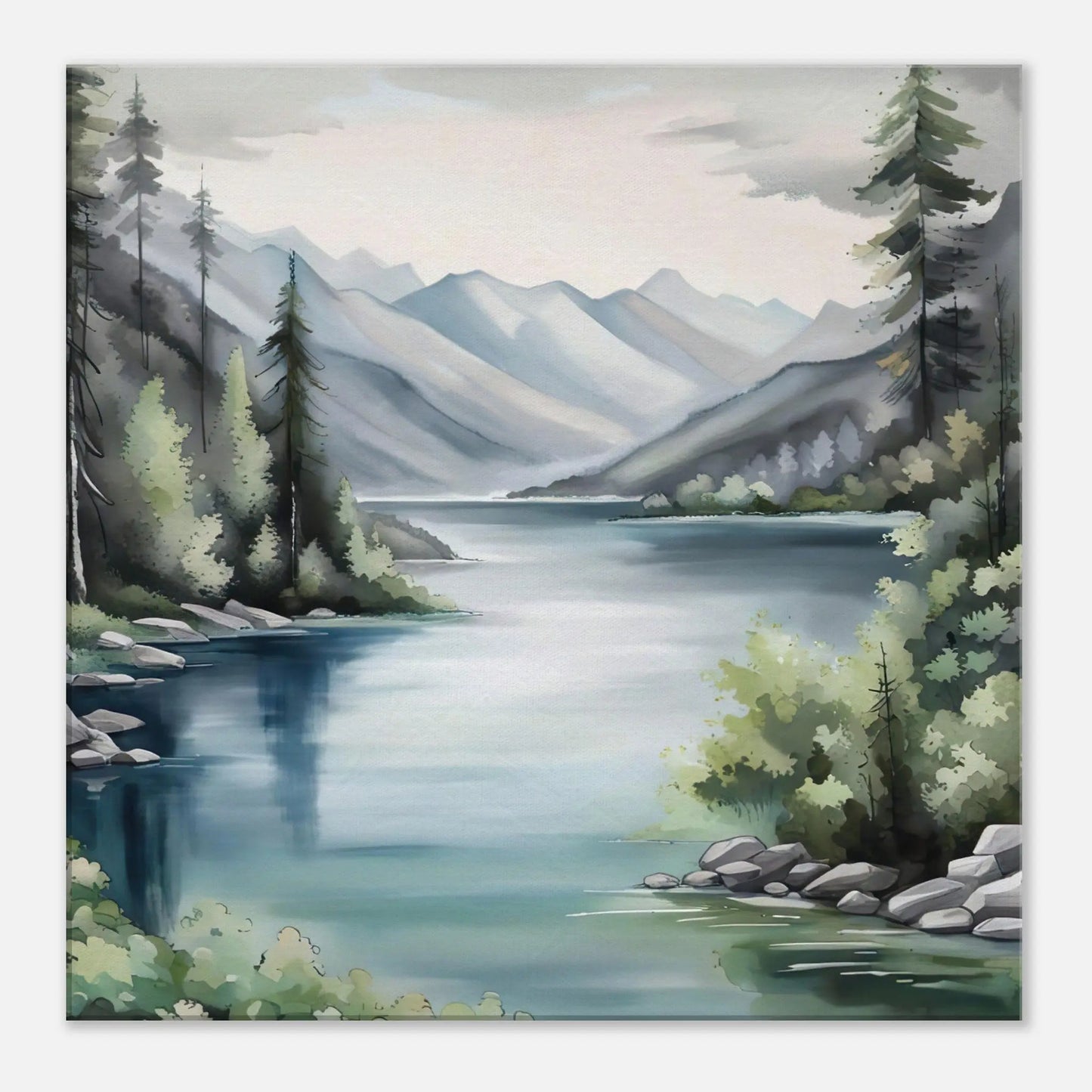 Leinwandbild - Berglandschaft mit See - Malerischer Stil, KI-Kunst - RolConArt, Landschaften, 60x60-cm-24x24