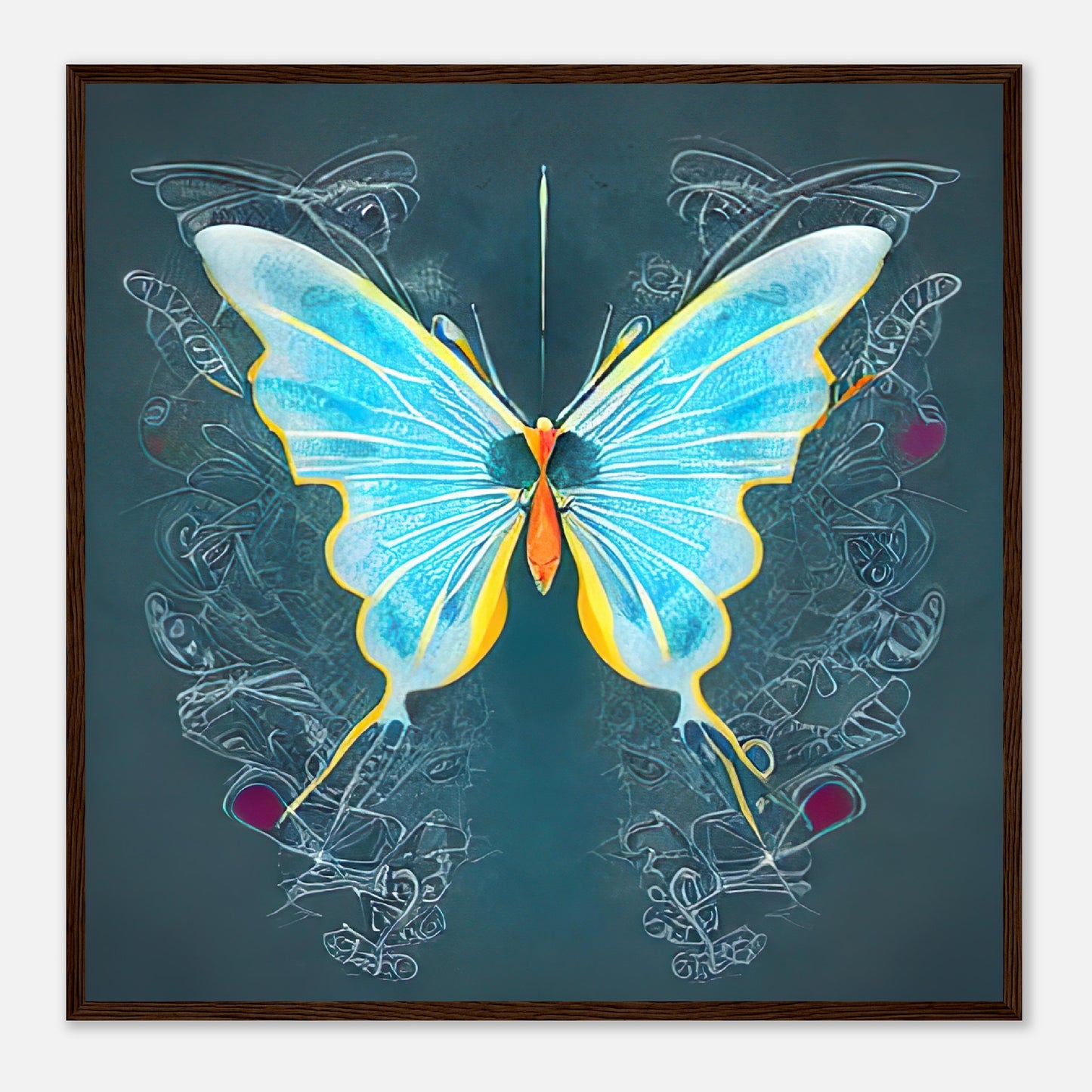 Gerahmtes Premium-Poster - Schmetterling - Digitaler Stil, KI-Kunst - RolConArt, Digitalkunst - Kreative Vielfalt, 70x70-cm-28x28-Dunkles-Holz