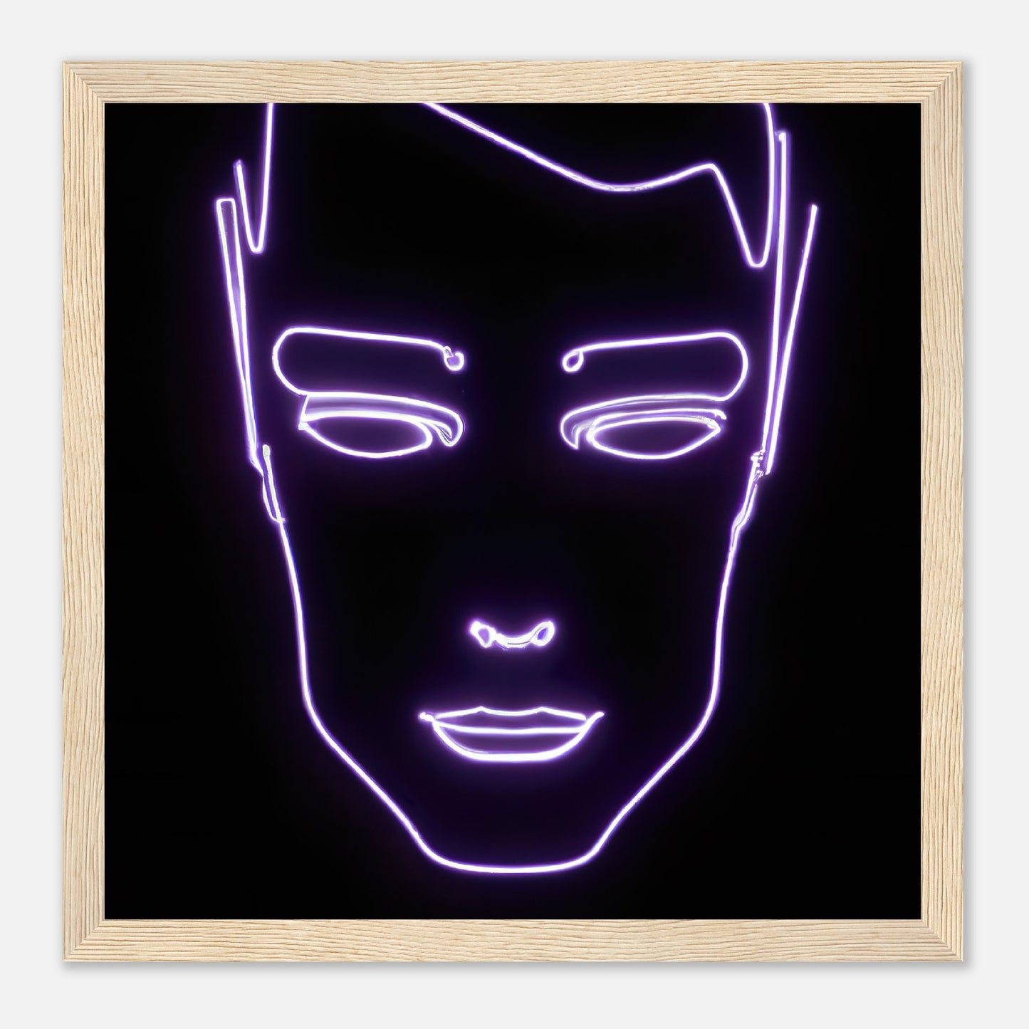 Gerahmtes Premium-Poster - Männliches Gesicht - Neon Stil, KI-Kunst - RolConArt, Neon, 30x30-cm-12x12-Holz